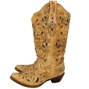 Corral Boots A1970 Tan Laser Cut Filigree Western Cowboy Boots 7